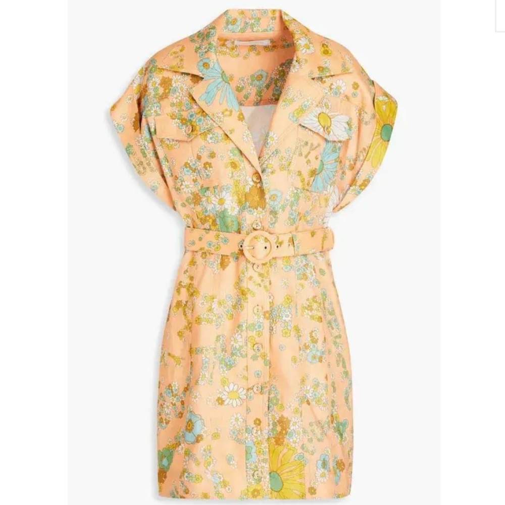 Zimmermann Lola Cuff Sleeve Linen Belted Floral Shirt Dress 0P